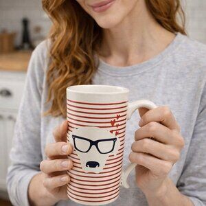 White and red stripes  ceramic coffee mug puppy with glasses tall handle woof